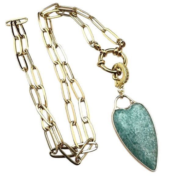 Green Amazonite Gemstone Heart Pendant 18K Yellow Gold Plated Layering Necklace - Picture 1 of 8